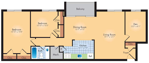 A floor plan of a house with a balcony, two bedrooms, a living room, a dining room, a kitchen, a bathroom, a mechanical room, and a foyer.