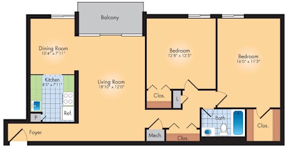 A floor plan of a house with a dining room, living room, kitchen, and three bedrooms.