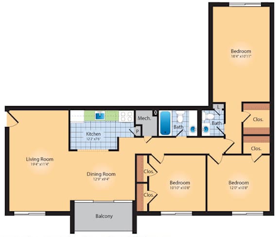 A floor plan of a house with a living room, kitchen, dining room, and three bedrooms.