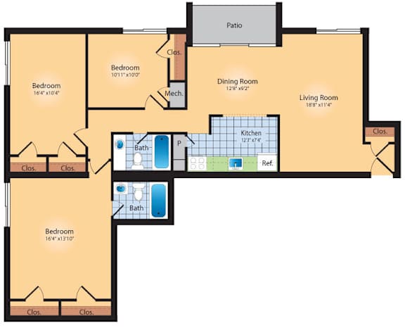 A floor plan of a house with a patio and three bedrooms.