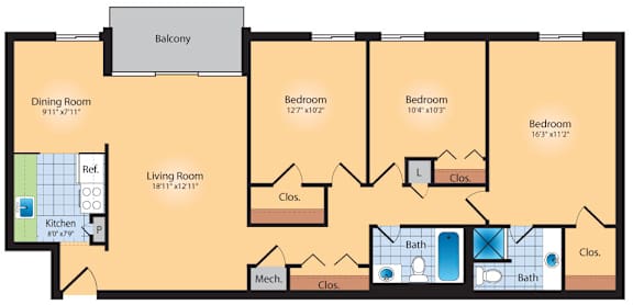 A floor plan of a house with a balcony, three bedrooms, a living room, a dining room, a kitchen, and a bathroom.