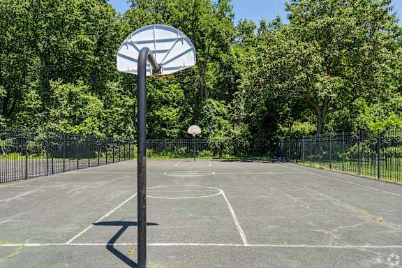 A basketball court with a hoop and a pole.