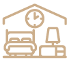 A brown icon of a bedroom with a bed and a desk.