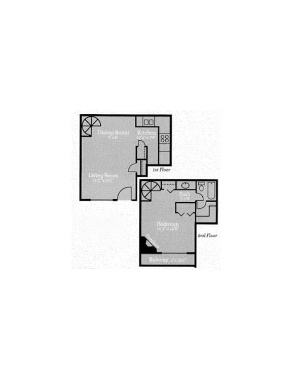 A floor plan of a house with a dining room, living room, kitchen, and two bathrooms.