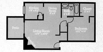 A floor plan of a house with a kitchen, living room, dining room, bath, closet, and bedroom.