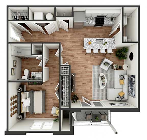 A top-down view of a modern apartment layout with a kitchen, living room, and bedroom.