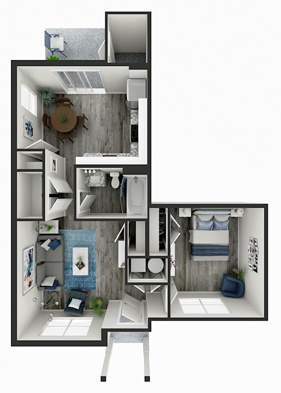 A 3D floor plan of a small apartment with a kitchen, living room, and bathroom.