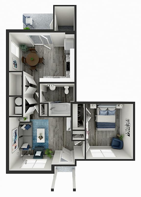 A 3D floor plan of a small apartment with a bedroom, bathroom, and kitchen.