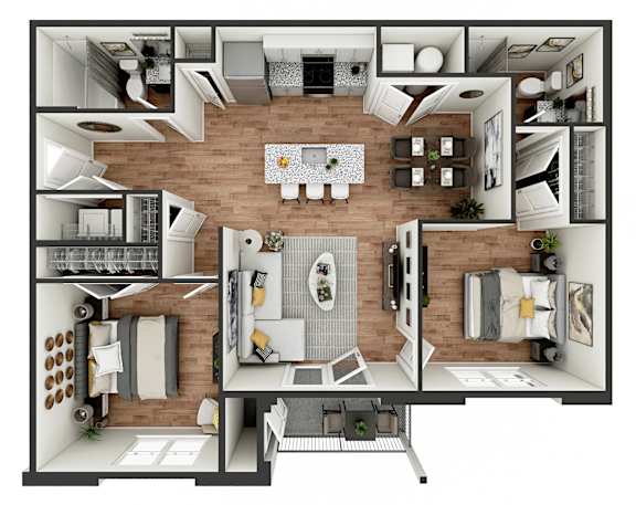A top-down view of a house layout with a living room, kitchen, dining area, and bedrooms.