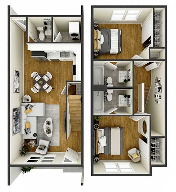 A top-down view of a two-story apartment layout.
