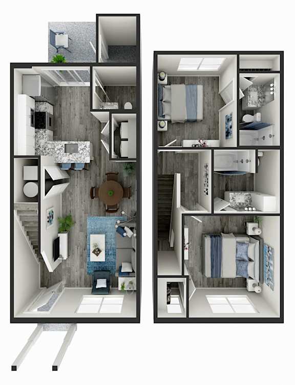 A 3D floor plan of a small apartment with a kitchen, living room, and bathroom.