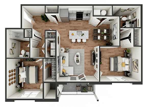 A top-down view of a house layout with a kitchen, living room, and bedrooms.