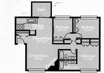 A floor plan of a house with a patio, kitchen, dining room, living room, and three bedrooms.