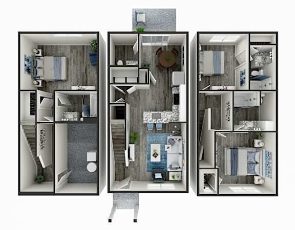 A 3D floor plan of a small apartment with a kitchen, living room, and bathroom.