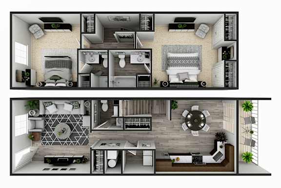 A 3D floor plan of a two bedroom townhome apartment
