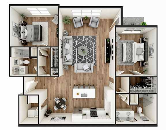 A top-down view of a modern apartment layout.