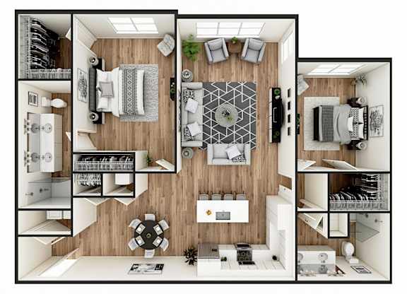 A top-down view of a modern apartment layout with a kitchen, living room, and bedroom.