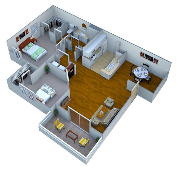 A 3D rendered image of a modern apartment layout.
