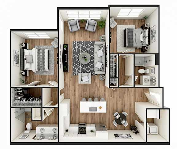 A top-down view of a modern, minimalist apartment with a central kitchen island and a living area with a sofa and a coffee table.
