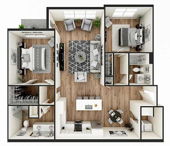 A top-down view of a modern apartment layout with a kitchen, living room, and bedroom.