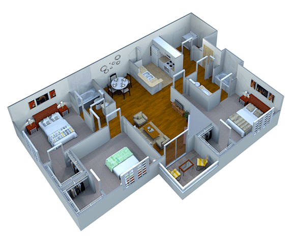 A 3D rendered image of a house layout.