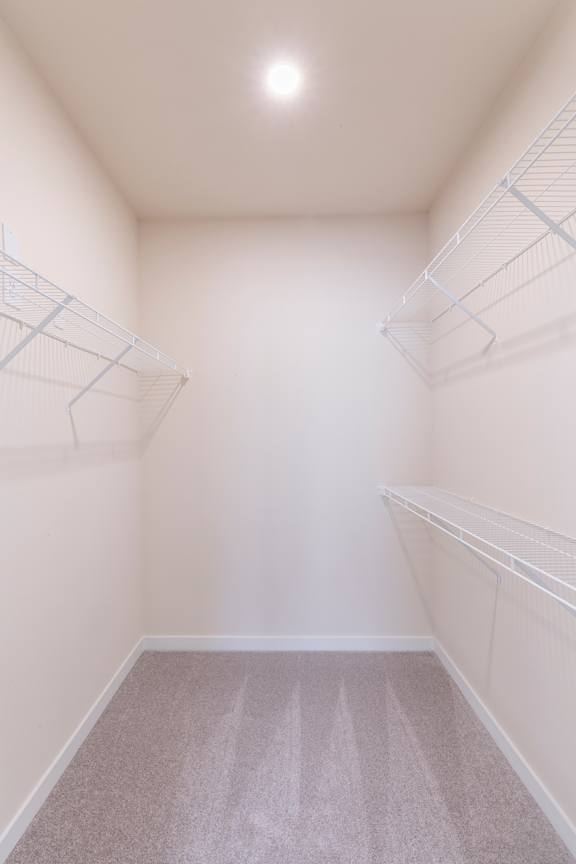 Empty walk in closet with white shelves.