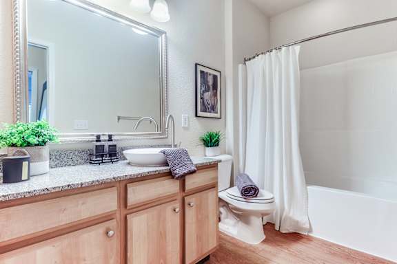 A bathroom with a sink, toilet, and a mirror.