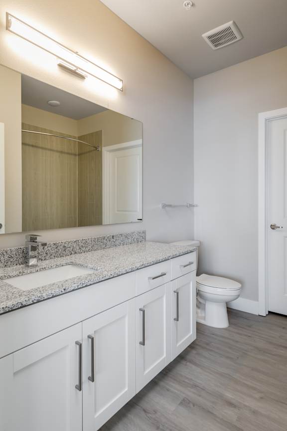 A bathroom with a toilet, sink, and mirror.