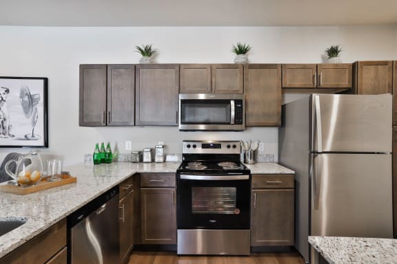modern kitchen with stainless steel appliances  at Aventura at Hawk Ridge, Lake St Louis, Missouri