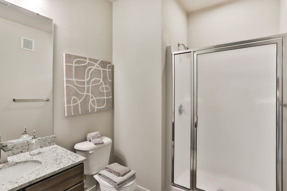 a bathroom with a shower and a sink and a toilet  at Aventura at Hawk Ridge, Lake St Louis, MO, 63367