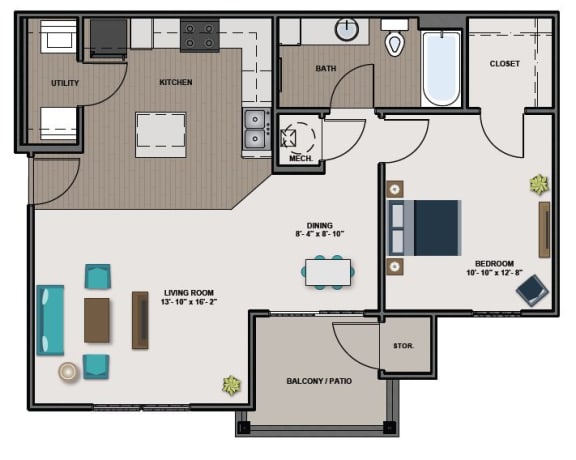 Floor Plan  A1 (837sqft) 1 Bedroom/1 Bathroom