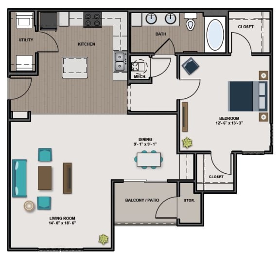 Floor Plan  A2 (1075sqft) 1 Bedroom/1 Bathroom