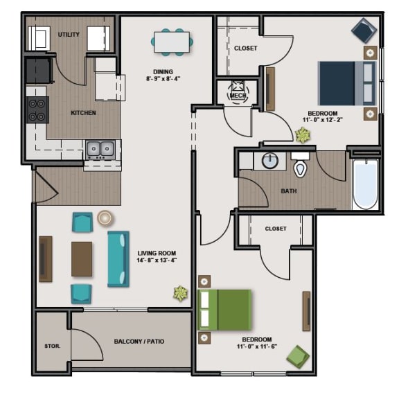 Floor Plan  AD (1043sqft) 2 Bedroom/1 Bathroom