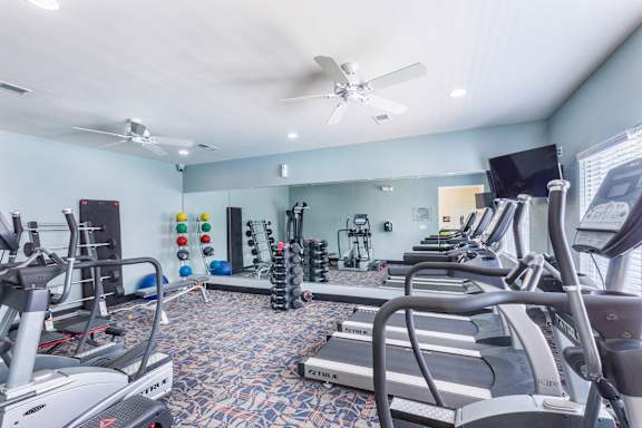 A spacious gym with treadmills, elliptical machines, and a fan.