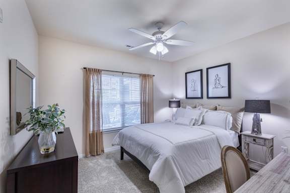 A bedroom with a large bed, a ceiling fan, and a nightstand with a lamp.