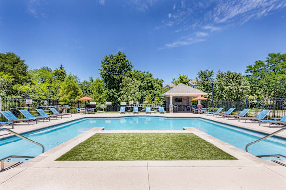 A large swimming pool surrounded by lawn chairs and trees.