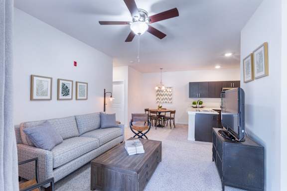 A living room with a grey couch, a coffee table, a television, and a dining table.