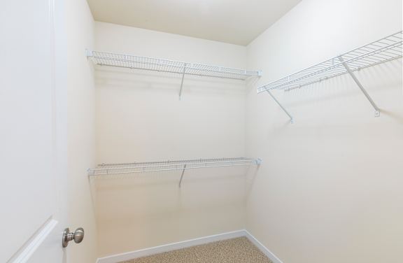 A white closet with three shelves and a carpeted floor.
