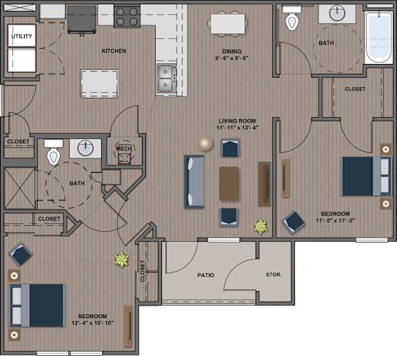 A floor plan of a house with a living room, kitchen, dining room, and two bedrooms.