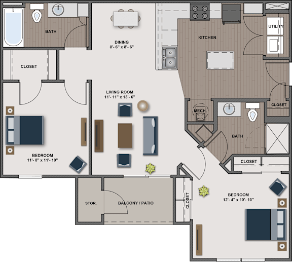 Floor Plan  A floor plan of a house with a living room, dining room, kitchen, and two bedrooms.