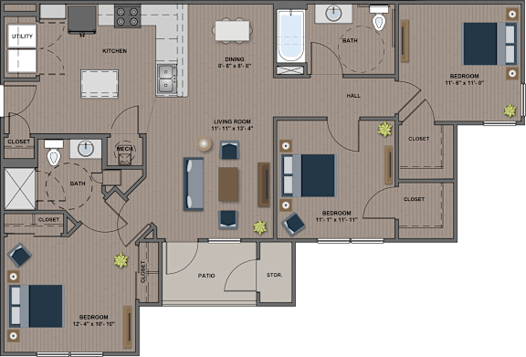 A floor plan of a house with a kitchen, living room, bedrooms, and bathrooms.
