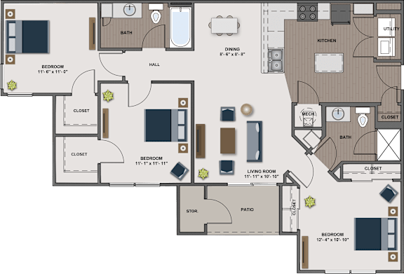 Floor Plan  A floor plan of a house with labeled rooms such as bedroom, kitchen, and living room.