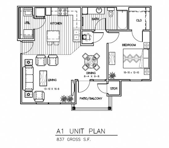 A black and white image of a floor plan for a 837 gross square foot home at Aventura at Wentzville I & II Apartments, Wentzville