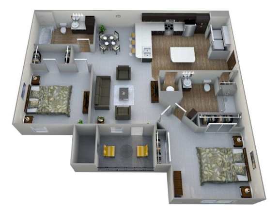 Floor Plan  A 3D floor plan of a house with various rooms and furniture.