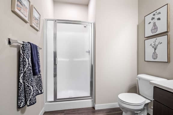 a bathroom with a shower and toilet in a 555 waverly unit