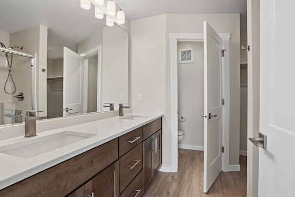 A bathroom with a sink, mirror, and wooden cabinets.