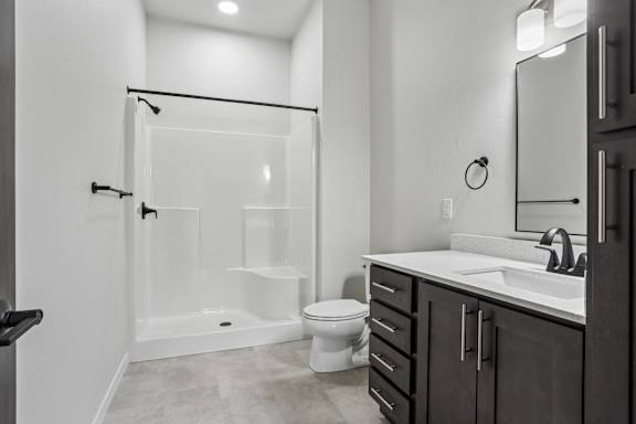 A modern bathroom with a walk-in shower, toilet, and sink.