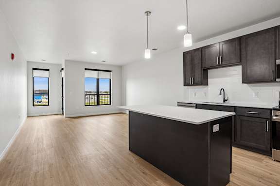 A kitchen with black cabinets and a wooden floor.