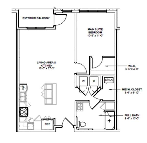 A floor plan of a small apartment with a living area, kitchen, and two bedrooms.