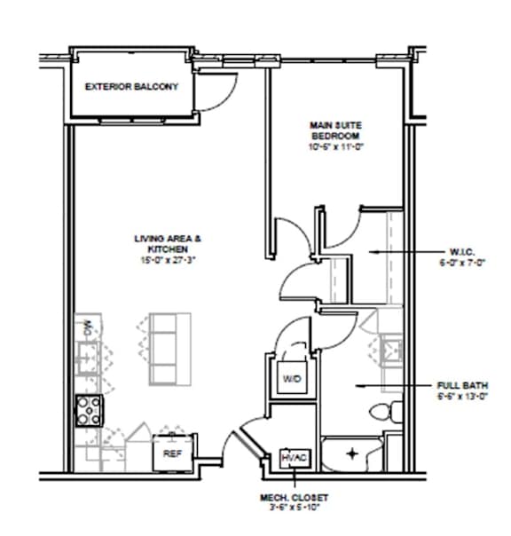 A floor plan of a house with a living area, kitchen, bathroom, and bedrooms.